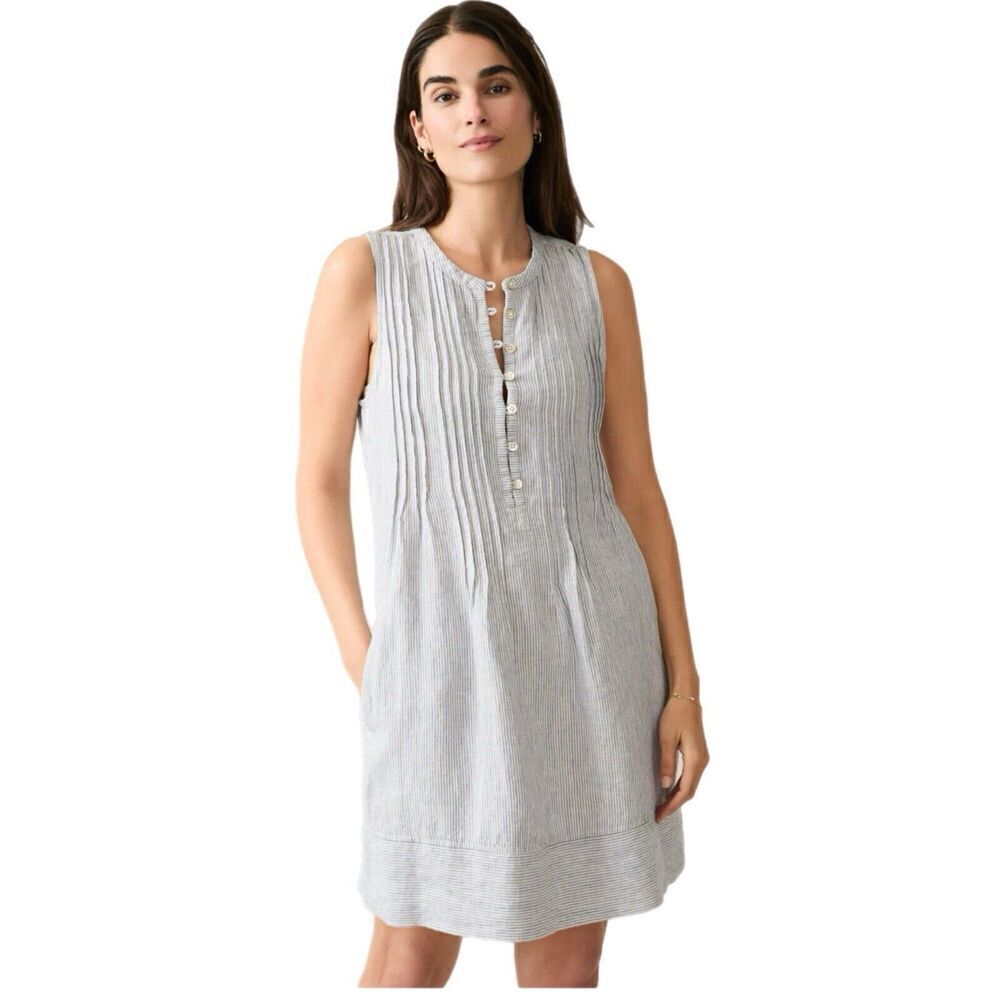 Faherty Isha Linen Dress Women S Blue Stripe Pintucks Pockets Sleeveless Buttons